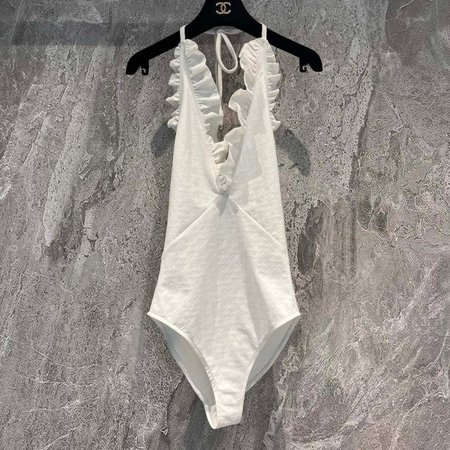 Chanel White Falbala One-Piece Swimsuit