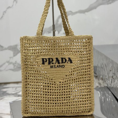 Prada Logo-Print Raffia Tote