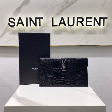 Saint Laurent Uptown Pouch Shiny Crocodile-Look Leather Black