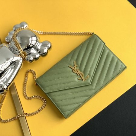 Saint Laurent Monogram Embossed Light Sage Leather Chain Wallet