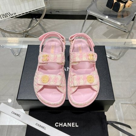 Chanel Gingham Open Toe Rubber Sole Casual Style Tweed