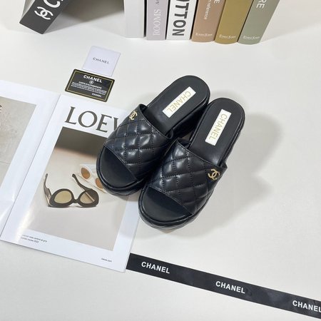 Chanel Black Leather Slides