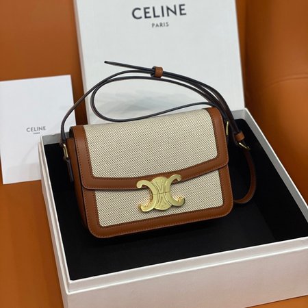 Celine Teen Triomphe Bag In Textile And Calfskin Natural/Tan