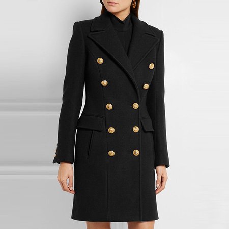 Balmain Black Double Breasted Gold Button Wool Coat