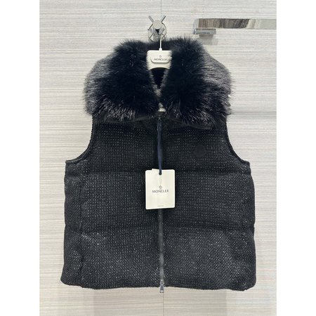 Moncler Carrelet Fur-Collar Tweed Vest Black Women's