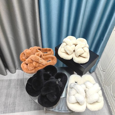 Chanel Women's Cross Band Slippers Fuzzy Slippers